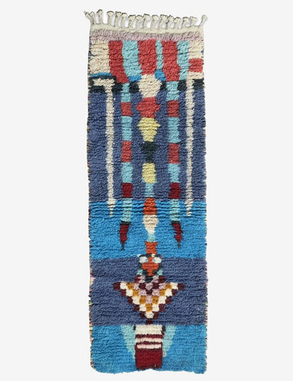 Modern Boujad Blue Totem Column Checkerboard Handwoven Wool Runner 6 x 2.03 ft / 183 x 62 cm