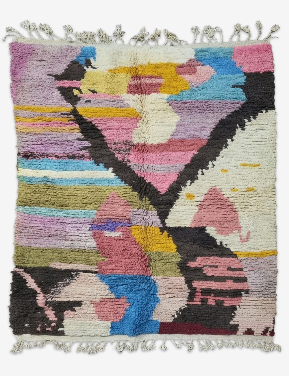 Pink Mustard Blue Painterly Patchwork Boujad Wool Rug 8.9 x 6.89 ft / 270 x 210 cm