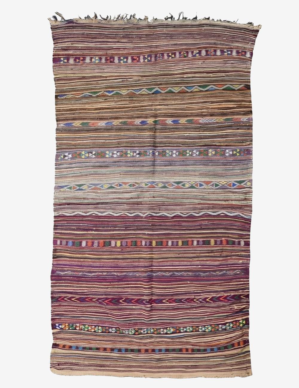 Multicolored Striped Tribal Motif Flatwoven Wool Rug 10.3 x 5.25 ft / 315 x 160 cm