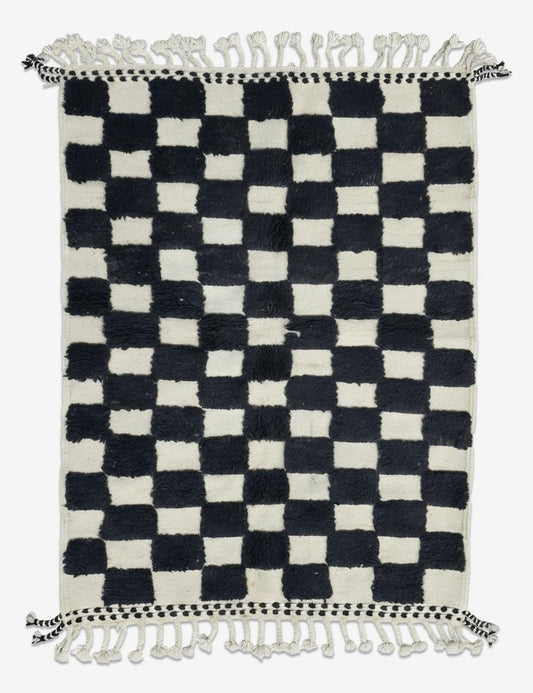 Black and White Checkerboard Wool Rug 4.9 x 3.67 ft / 149 x 112 cm