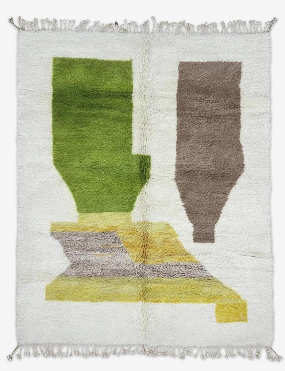 Green Taupe Sculptural Motif Boujad Wool Rug 9.7 x 8.04 ft / 296 x 245 cm