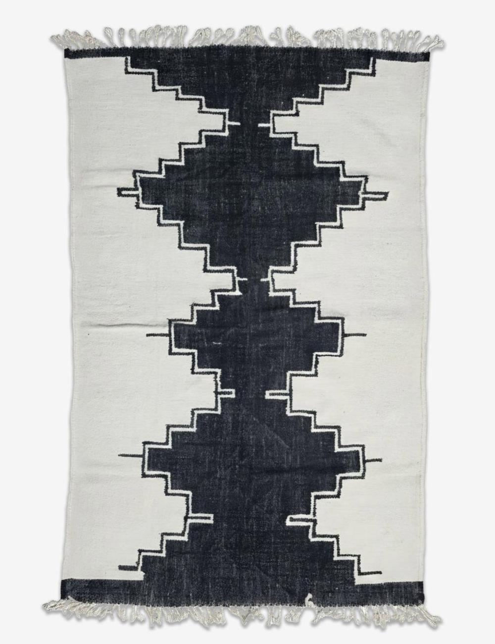 Handwoven Boujad Flatwoven Rug Black Stepped Motif 8.8 x 6.4 ft / 296 x 195 cm
