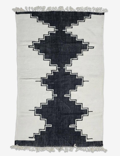 Handwoven Boujad Flatwoven Rug Black Stepped Motif 8.8 x 6.4 ft / 296 x 195 cm