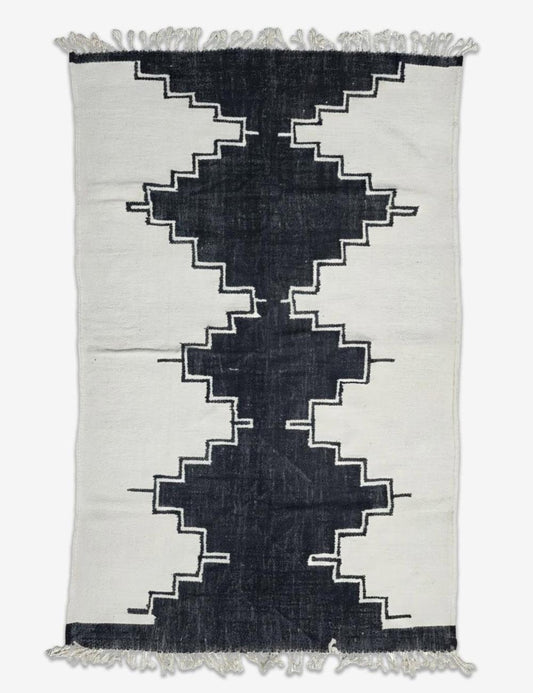 Handwoven Boujad Flatwoven Rug Black Stepped Motif 8.8 x 6.4 ft / 296 x 195 cm
