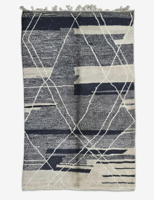 Luxurious Beni M'Rirt Wool Rug Charcoal Diamond Lattice 7.8 x 4.4 ft / 238 x 134 cm