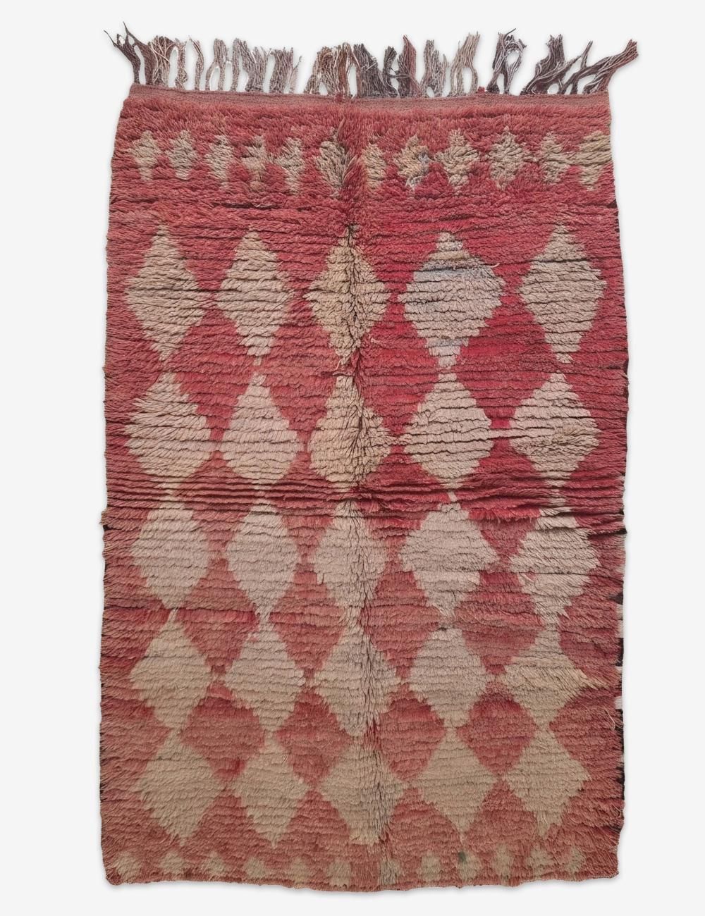 Vintage Moroccan Red and Cream Azilal Rug 6.4 x 3.51 ft / 196 x 107 cm