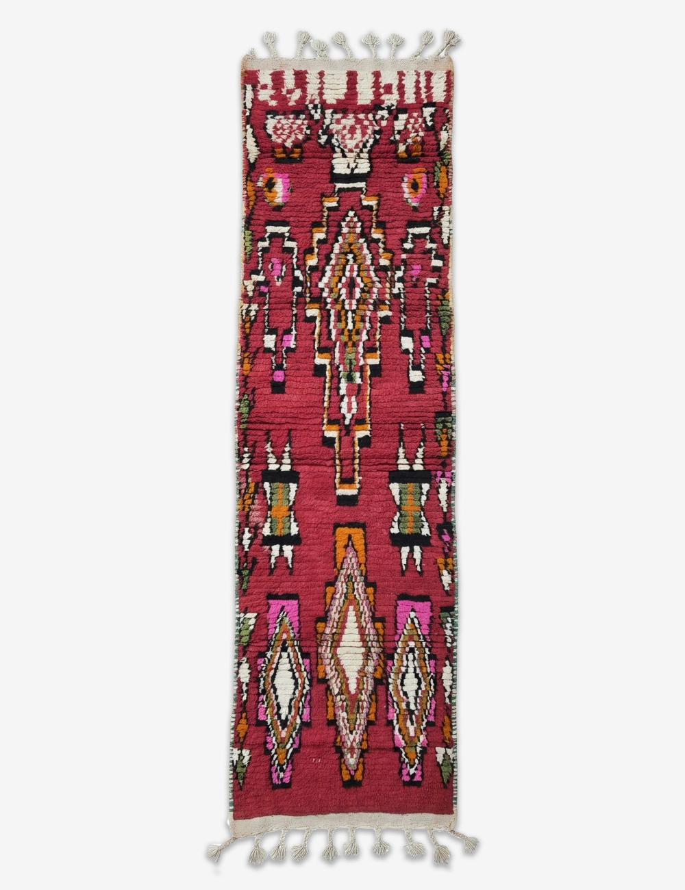 Crimson Red Layered Diamond Motif Boujad Wool Runner 10.3 x 2.79 ft / 313 x 85 cm