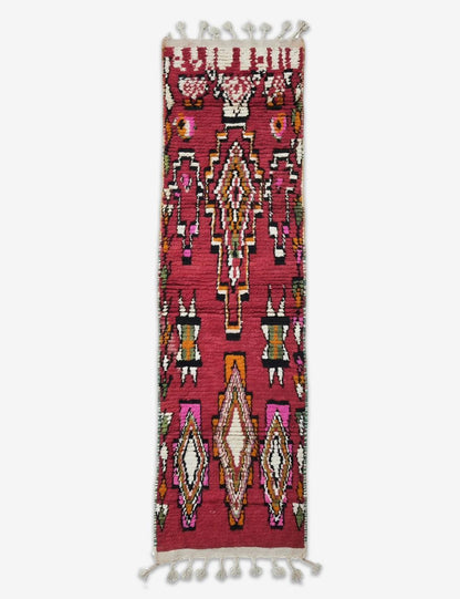 Crimson Red Layered Diamond Motif Boujad Wool Runner 10.3 x 2.79 ft / 313 x 85 cm
