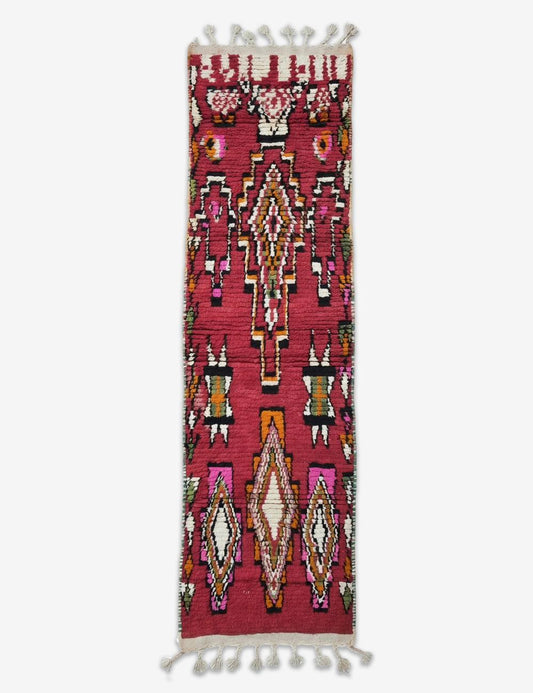 Crimson Red Layered Diamond Motif Boujad Wool Runner 10.3 x 2.79 ft / 313 x 85 cm