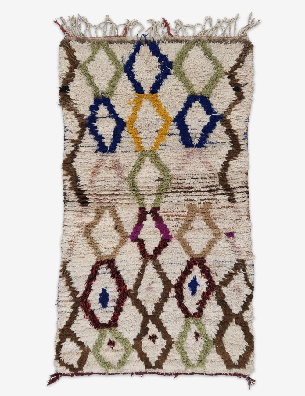 Vintage Moroccan Wool Rug with Olive 4.8 x 2.53 ft / 145 x 77 cm