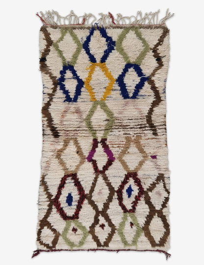 Vintage Moroccan Wool Rug with Olive 4.8 x 2.53 ft / 145 x 77 cm