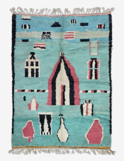 Handwoven Berber Wool Rug with Turquoise 9.7 x 6.8 ft / 295 x 210 cm