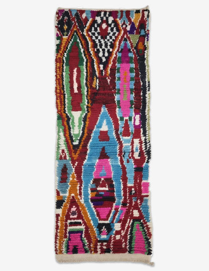 Maroon Blue Pink Layered Diamond Motif Boujad Wool Rug 8.3 x 2.56 ft / 254 x 78 cm