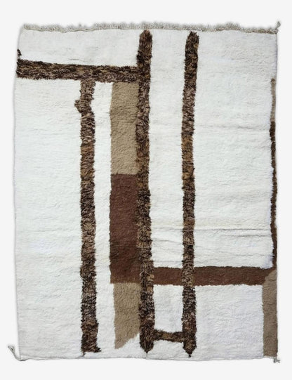 Handwoven Boujad Wool Rug Ivory Brown Architectural 10.3 x 7.94 ft / 313 x 242 cm