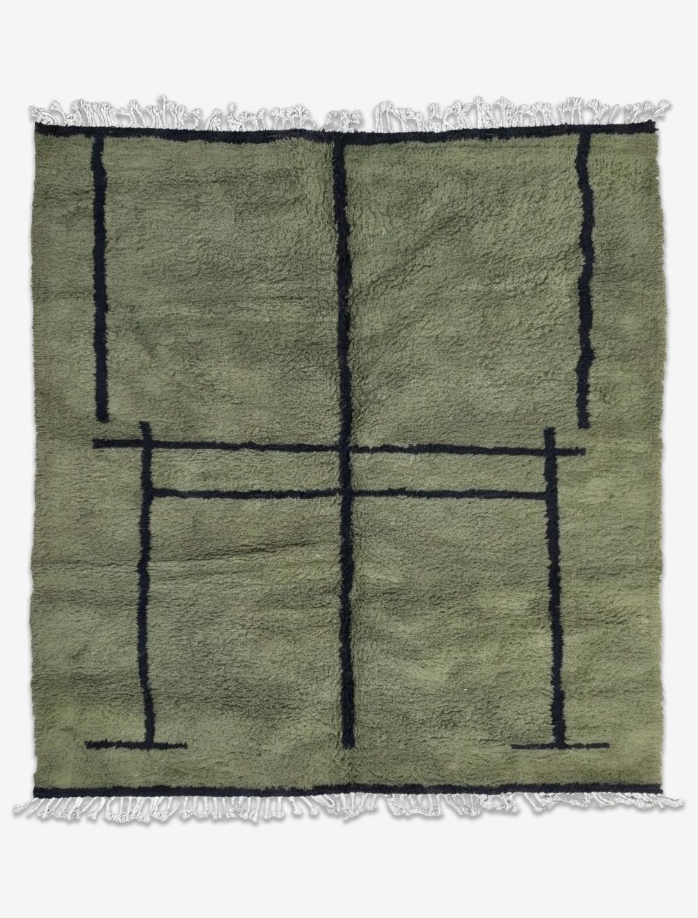 Modern Boujad Wool Rug Green Freehand Black Grid 9.9 x 8.46 ft / 302 x 258 cm