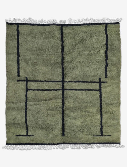 Modern Boujad Wool Rug Green Freehand Black Grid 9.9 x 8.46 ft / 302 x 258 cm