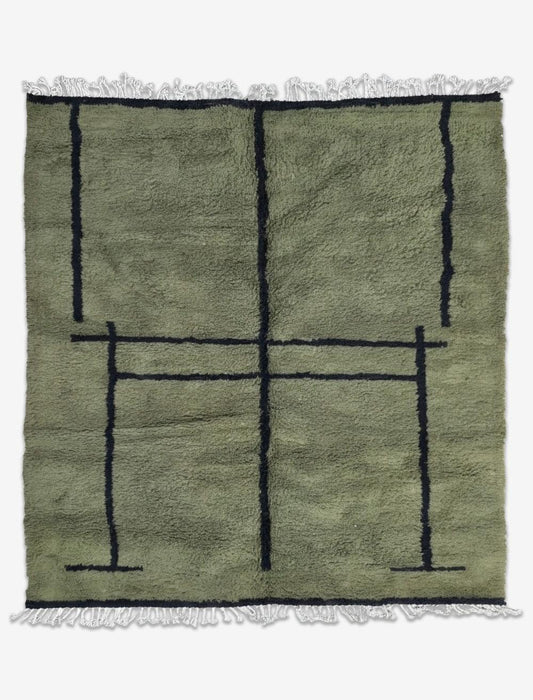 Modern Boujad Wool Rug Green Freehand Black Grid 9.9 x 8.46 ft / 302 x 258 cm