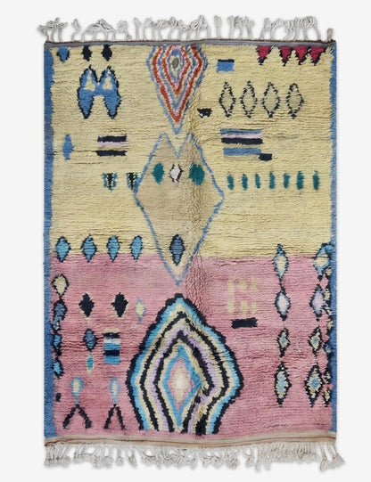 Yellow Pink Diamond Medallion Boujad Wool Rug 10.3 x 6.66 ft / 315 x 203 cm