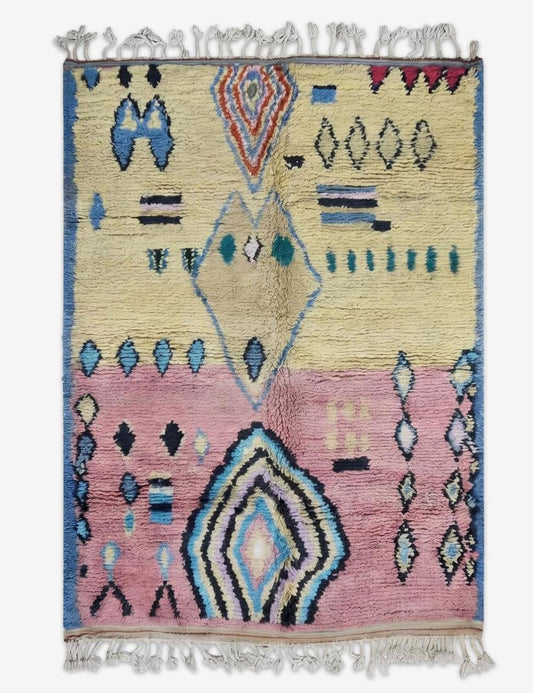 Yellow Pink Diamond Medallion Boujad Wool Rug 10.3 x 6.66 ft / 315 x 203 cm