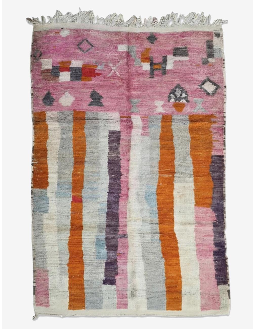 Pink Tribal Symbol Striped Field Boujad Wool Rug 8.2 x 5.35 ft / 250 x 163 cm