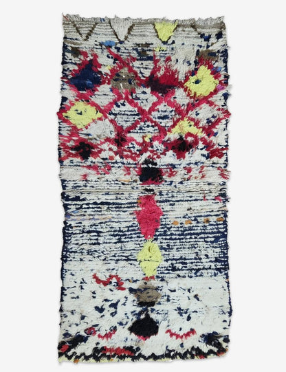 Authentic White Azilal Rug with Red and Navy 5.7 x 2.62 ft / 174 x 80 cm