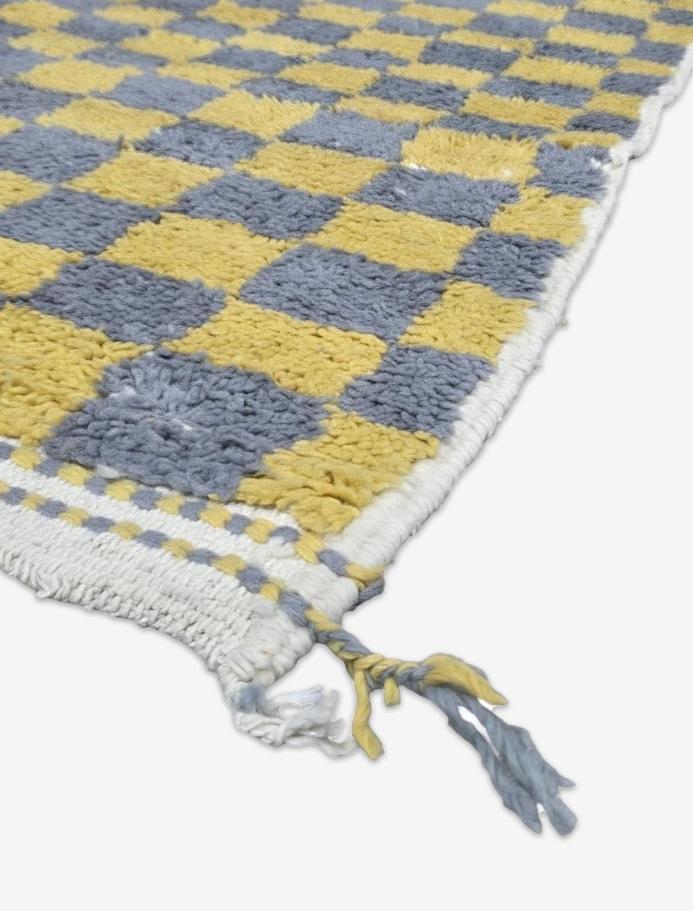 Mustard Yellow Grey Checkerboard Boujad Wool Rug 9.7 x 6.56 ft / 297 x 200 cm