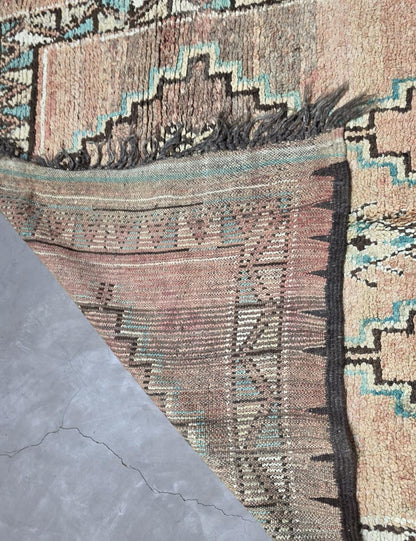 Vintage Middle Atlas Faded Peach Teal Stepped Diamond Medallion Handwoven Wool Rug 11.7 x 5.31 ft / 358 x 162 cm