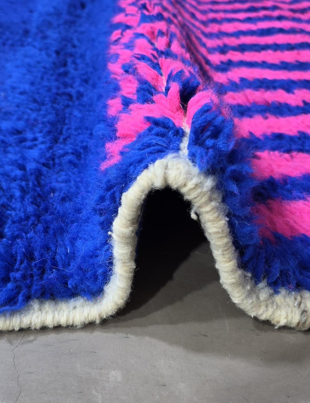 Handwoven Cobalt Blue Pink Wavy Stripe Boujad Area Rug 4.9 x 4.27 ft / 150 x 130 cm