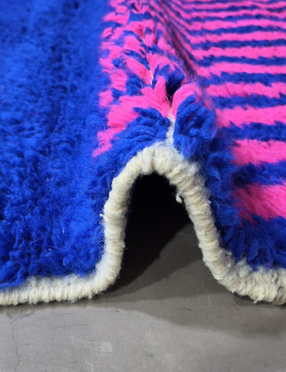 Handwoven Cobalt Blue Pink Wavy Stripe Boujad Area Rug 4.9 x 4.27 ft / 150 x 130 cm