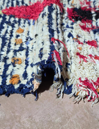 Authentic White Azilal Rug with Red and Navy 5.7 x 2.62 ft / 174 x 80 cm