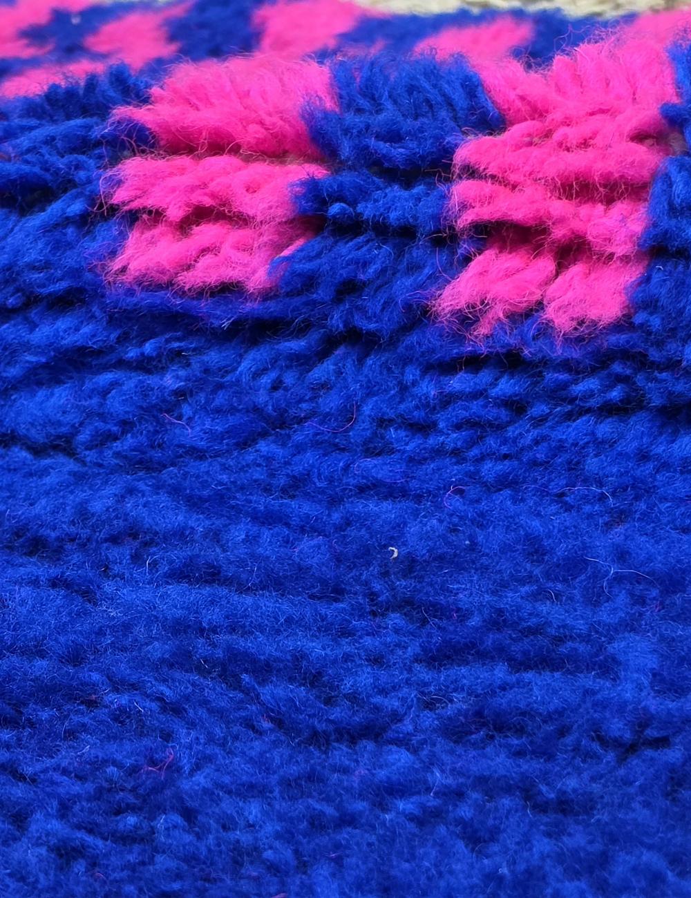 Handwoven Cobalt Blue Pink Wavy Stripe Boujad Area Rug 4.9 x 4.27 ft / 150 x 130 cm