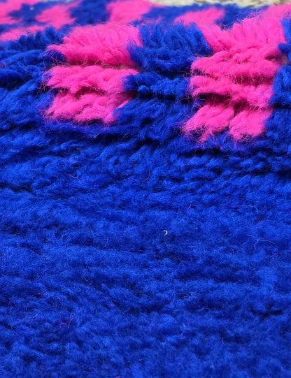 Handwoven Cobalt Blue Pink Wavy Stripe Boujad Area Rug 4.9 x 4.27 ft / 150 x 130 cm