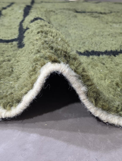 Modern Boujad Wool Rug Green Freehand Black Grid 9.9 x 8.46 ft / 302 x 258 cm