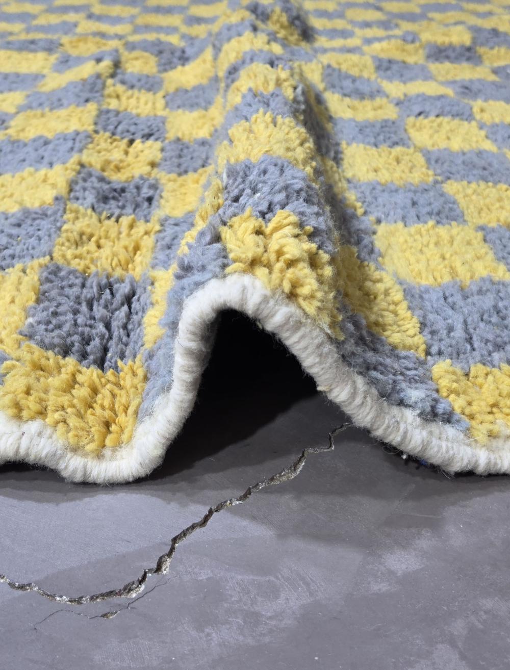 Mustard Yellow Grey Checkerboard Boujad Wool Rug 9.7 x 6.56 ft / 297 x 200 cm