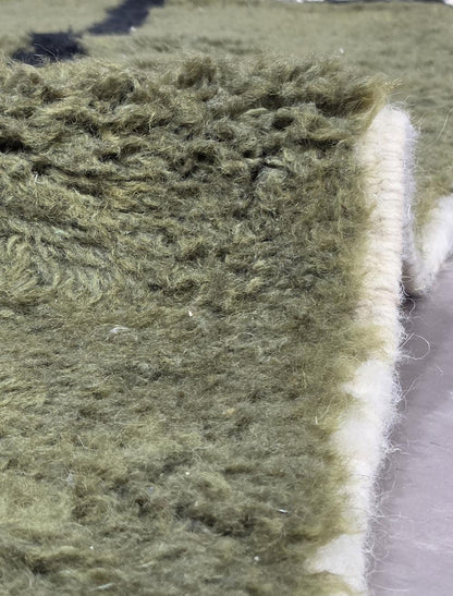 Modern Boujad Wool Rug Green Freehand Black Grid 9.9 x 8.46 ft / 302 x 258 cm