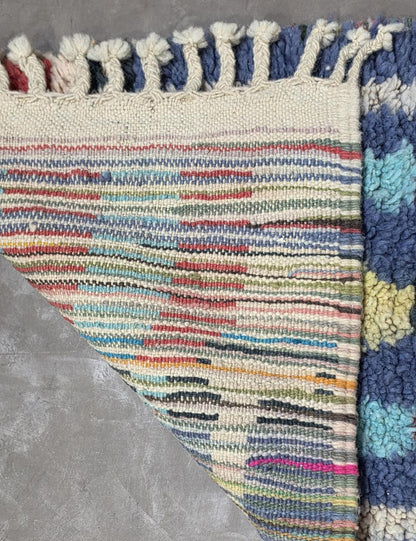 Modern Boujad Blue Totem Column Checkerboard Handwoven Wool Runner 6 x 2.03 ft / 183 x 62 cm
