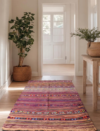 Multicolored Striped Tribal Motif Flatwoven Wool Rug 10.3 x 5.25 ft / 315 x 160 cm