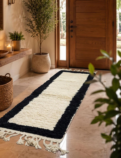 Handwoven Moroccan Wool Hallway Runner Black Border 6.3 x 1.77 ft / 193 x 54 cm