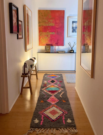 Charcoal Wool Moroccan Rug 11.8 x 2.1 ft / 361 x 64 cm