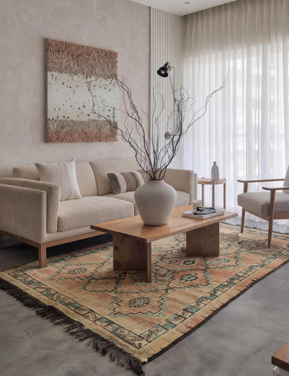 Vintage Middle Atlas Faded Peach Teal Stepped Diamond Medallion Handwoven Wool Rug 11.7 x 5.31 ft / 358 x 162 cm