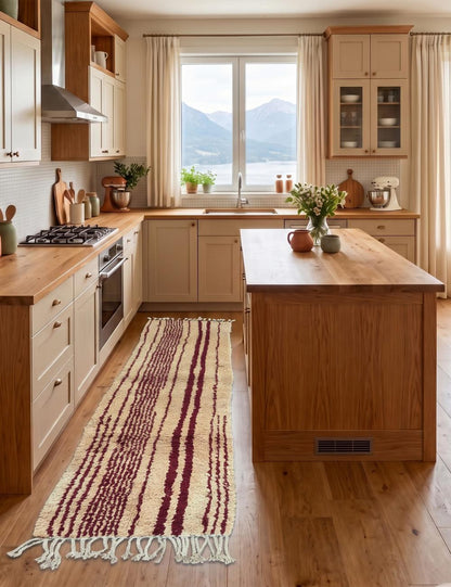 Cream Burgundy Stripe Boujad Wool Runner 9.3 x 2.79 ft / 284 x 85 cm