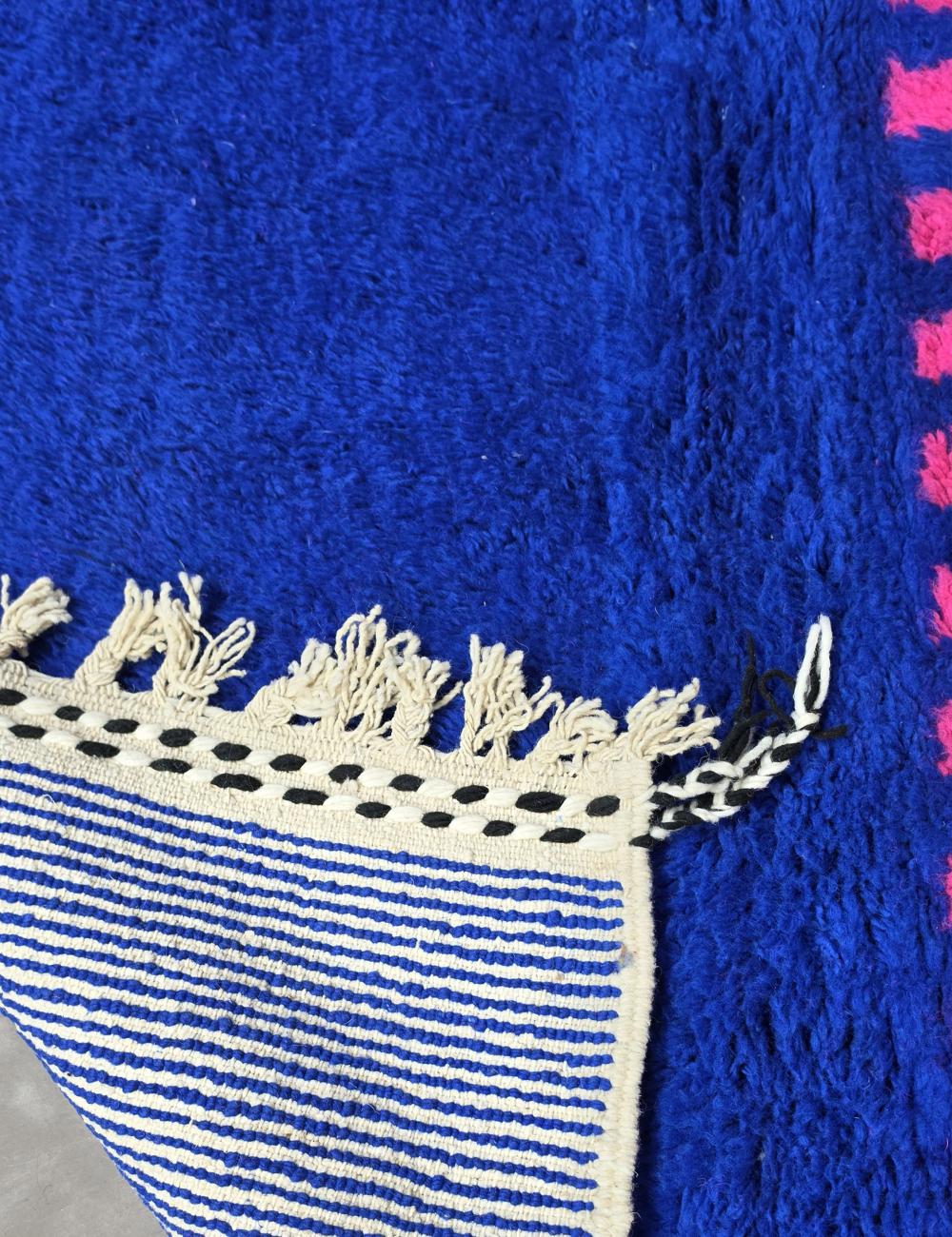 Handwoven Cobalt Blue Pink Wavy Stripe Boujad Area Rug 4.9 x 4.27 ft / 150 x 130 cm