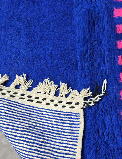 Handwoven Cobalt Blue Pink Wavy Stripe Boujad Area Rug 4.9 x 4.27 ft / 150 x 130 cm