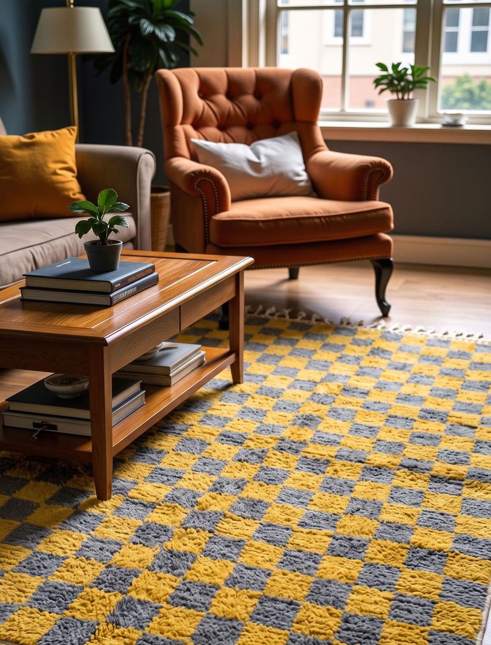 Mustard Yellow Grey Checkerboard Boujad Wool Rug 9.7 x 6.56 ft / 297 x 200 cm