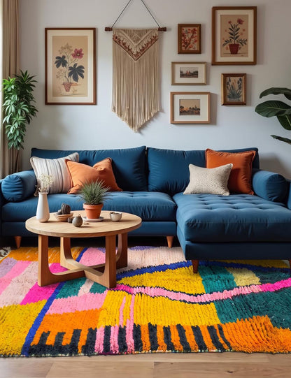 Mustard Magenta Teal Color Block Boujad Wool Rug 9.8 x 6.56 ft / 300 x 200 cm