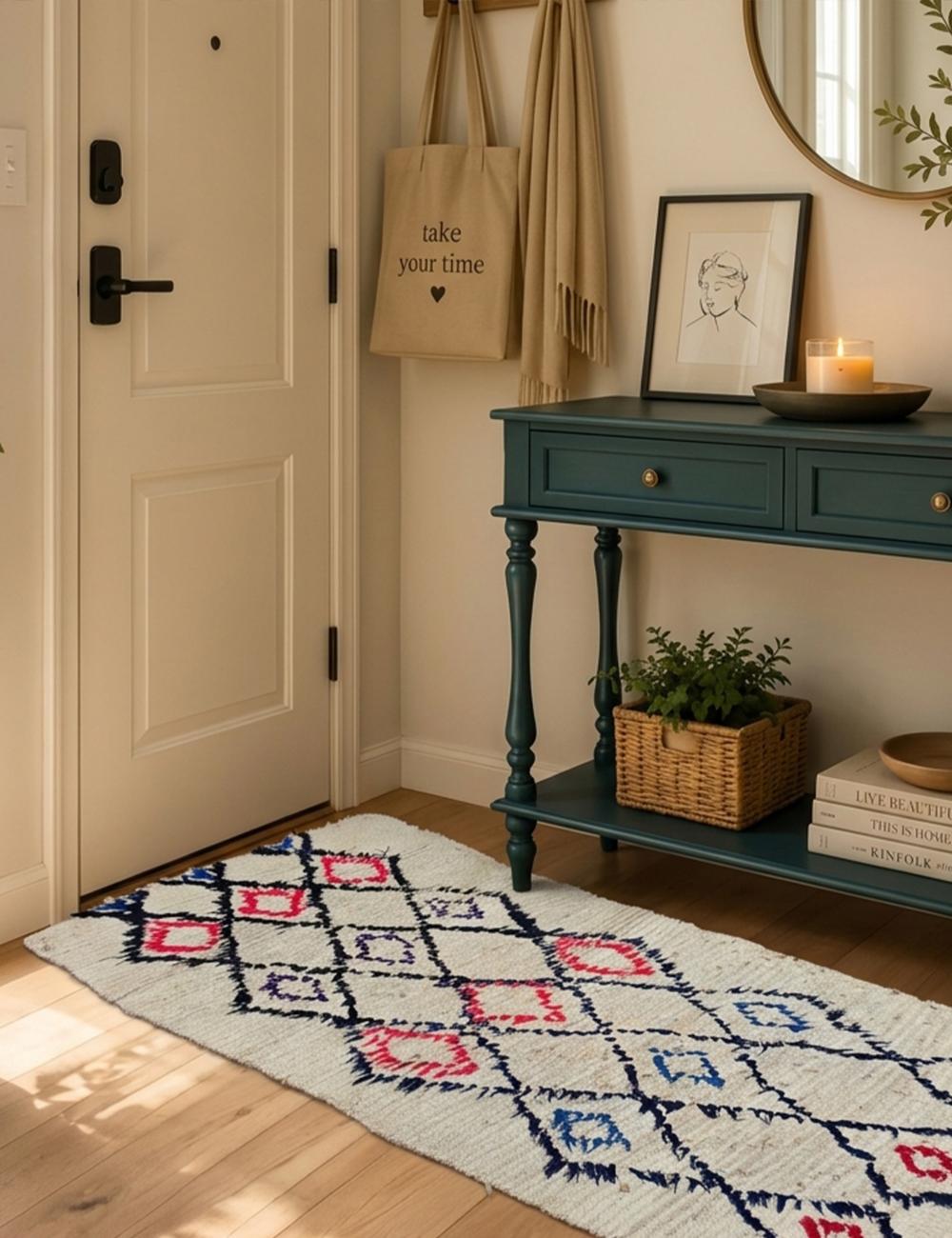 Beige Geometric Moroccan Runner Rug 5.9 x 2.66 ft / 180 x 81 cm