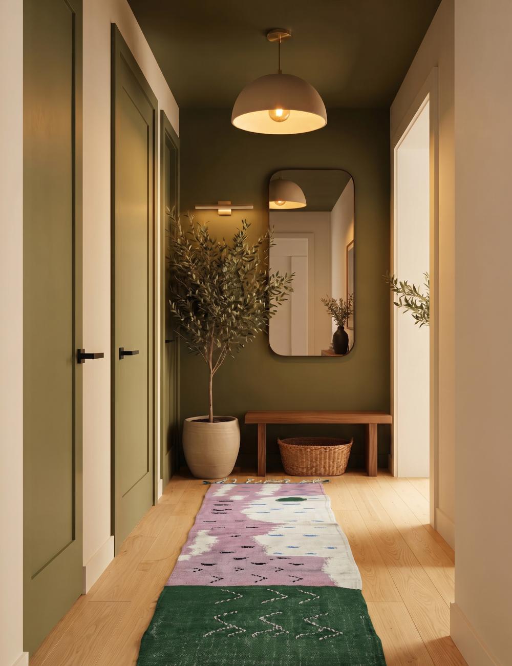 Abstract Color Block Lavender Green Modern Boujad Wool Runner Rug 9.4 x 2.36 ft / 288 x 72 cm
