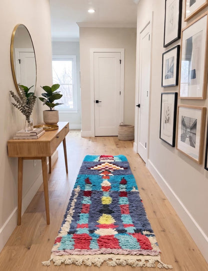 Modern Boujad Blue Totem Column Checkerboard Handwoven Wool Runner 6 x 2.03 ft / 183 x 62 cm
