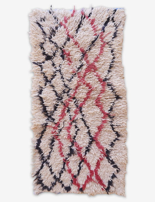 Handwoven Azilal Moroccan Rug with Red and Black Diamond Pattern 4.9 x 2.3 ft / 150 x 72 cm