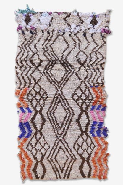 Azilal Moroccan Rug with Brown Diamond Motifs and Colorful Accents 5.7 x 2.9 ft / 174 x 90 cm - Surcoma